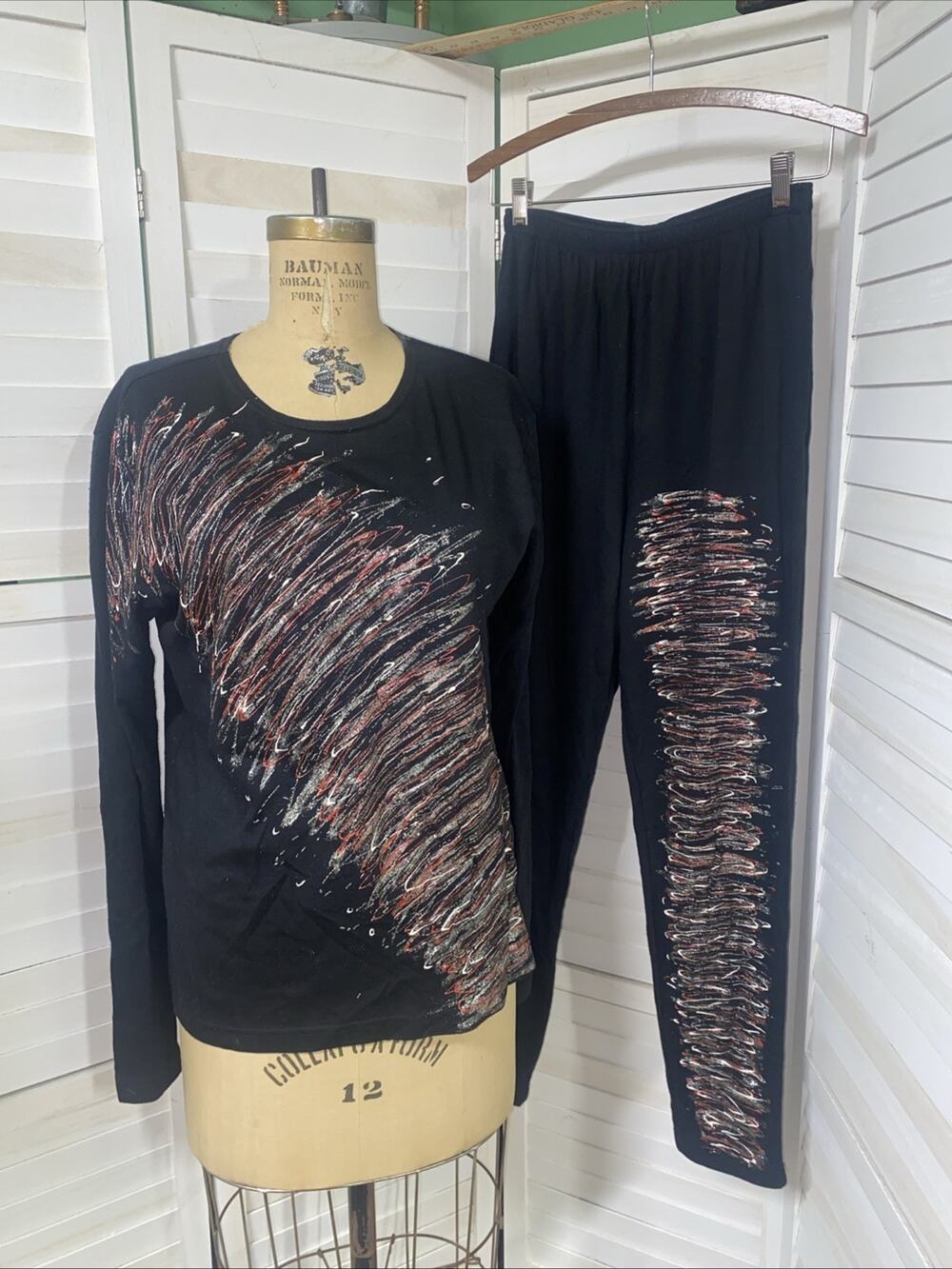 VTG 80s 90s Units 2 Piece Outfit Ladies Black Cotton Knit Pants Top Paint Large